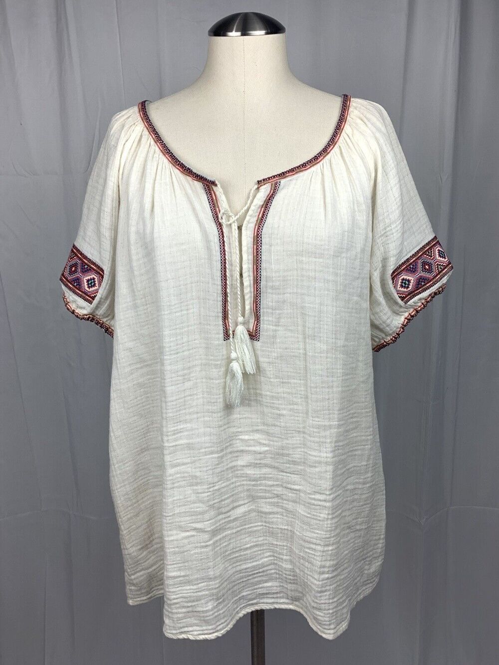 J.Crew Ivory Embroidered Peasant Blouse Tassel Tie Gauze Lightweight Size M